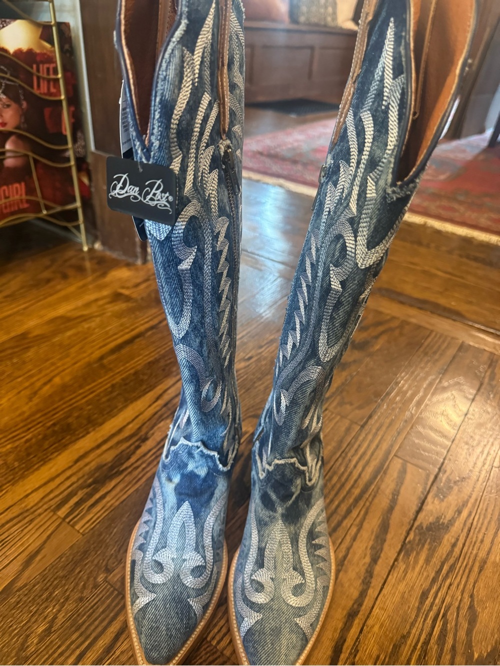 Dan Post Distressed Denim-Blue Embroidered Western Boot with Tan Pull - Picture 3 of 8